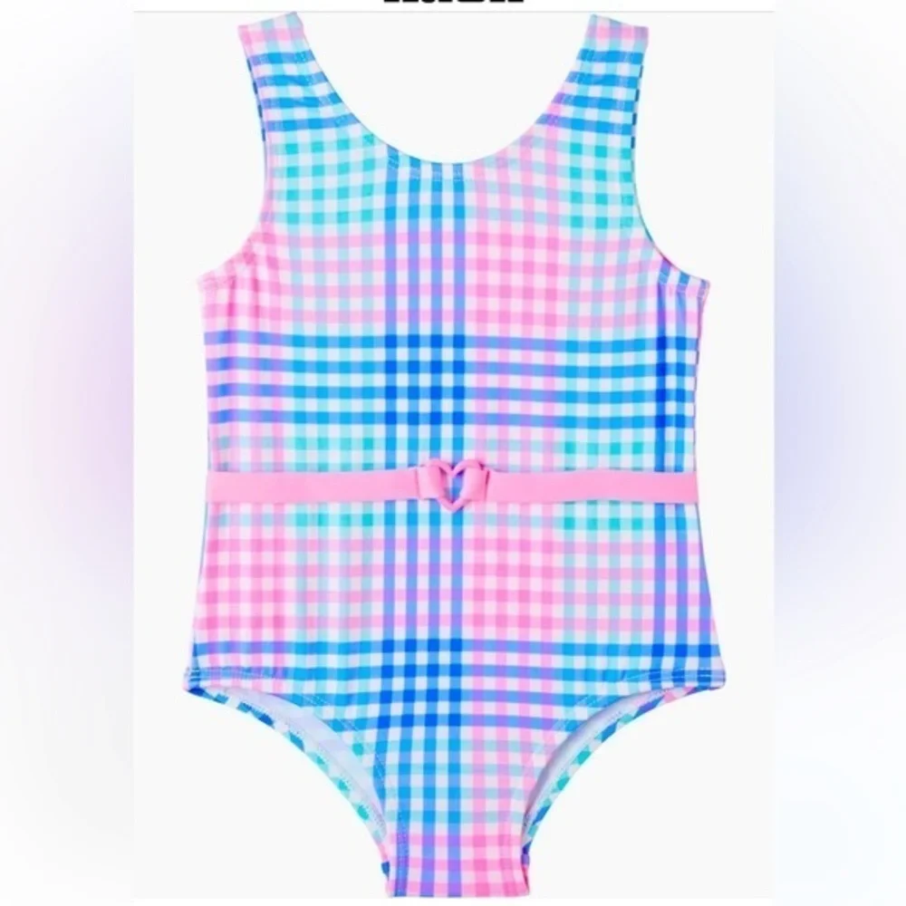 Pink Platinum One Piece Pink and Blue Gingham Swimsuit with Heart Detail ::NWT::